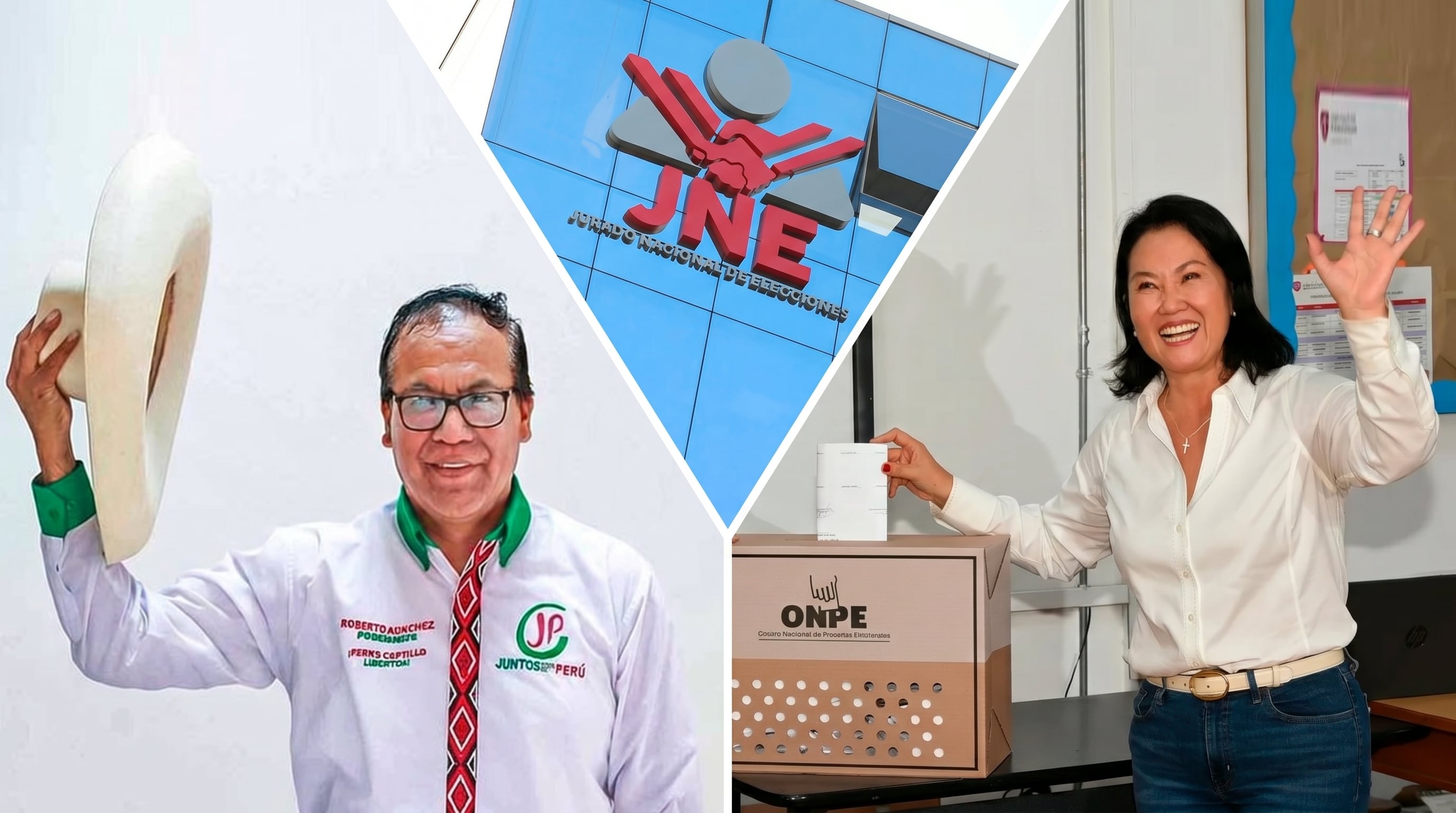 El collage muestra a Roberto Sánchez sosteniendo un sombrero, a Keiko Fujimori votando en una urna de ONPE y al edificio del Jurado Nacional de Elecciones (JNE), reflejando el proceso electoral peruano con sus principales actores. (Imagen Ilustrativa Infobae)
