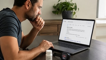 Un hombre con barba mira atentamente una laptop que muestra resultados de búsqueda de Google sobre "signos de un infarto", con un smartwatch y un frasco de pastillas en la mesa