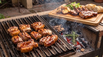 Una parrilla con trozos de carne y salsa barbacoa, con brasas, humo, astillas de madera y romero; al lado, una tabla con carne asada, papas, ensalada y pan.