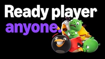 Texto "Ready player anyone." en letras blancas y moradas sobre fondo negro junto a varios personajes de Angry Birds