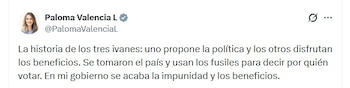 Paloma Valencia insistió en la existencia de una “triada” integrada por Iván Márquez, Iván Mordisco e Iván Cepeda - crédito @PalomaValenciaL/X