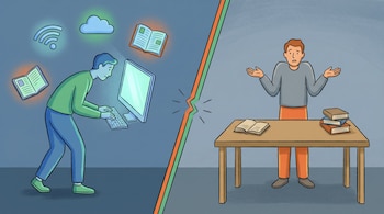 Ilustración de pantalla dividida: a la izquierda, un hombre usa una computadora con símbolos digitales; a la derecha, un hombre confundido junto a libros físicos en una mesa.