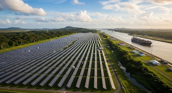Vista aérea de una extensa planta solar con paneles en filas paralelas ubicada junto al Canal de Panamá, por donde navega un buque de carga entre zonas verdes y colinas.