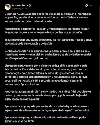 Petro sostiene que Colombia debe aprovechar la última etapa del crudo para profundizar la descarbonización y transformar su modelo económico - crédito @petrogustavo/X