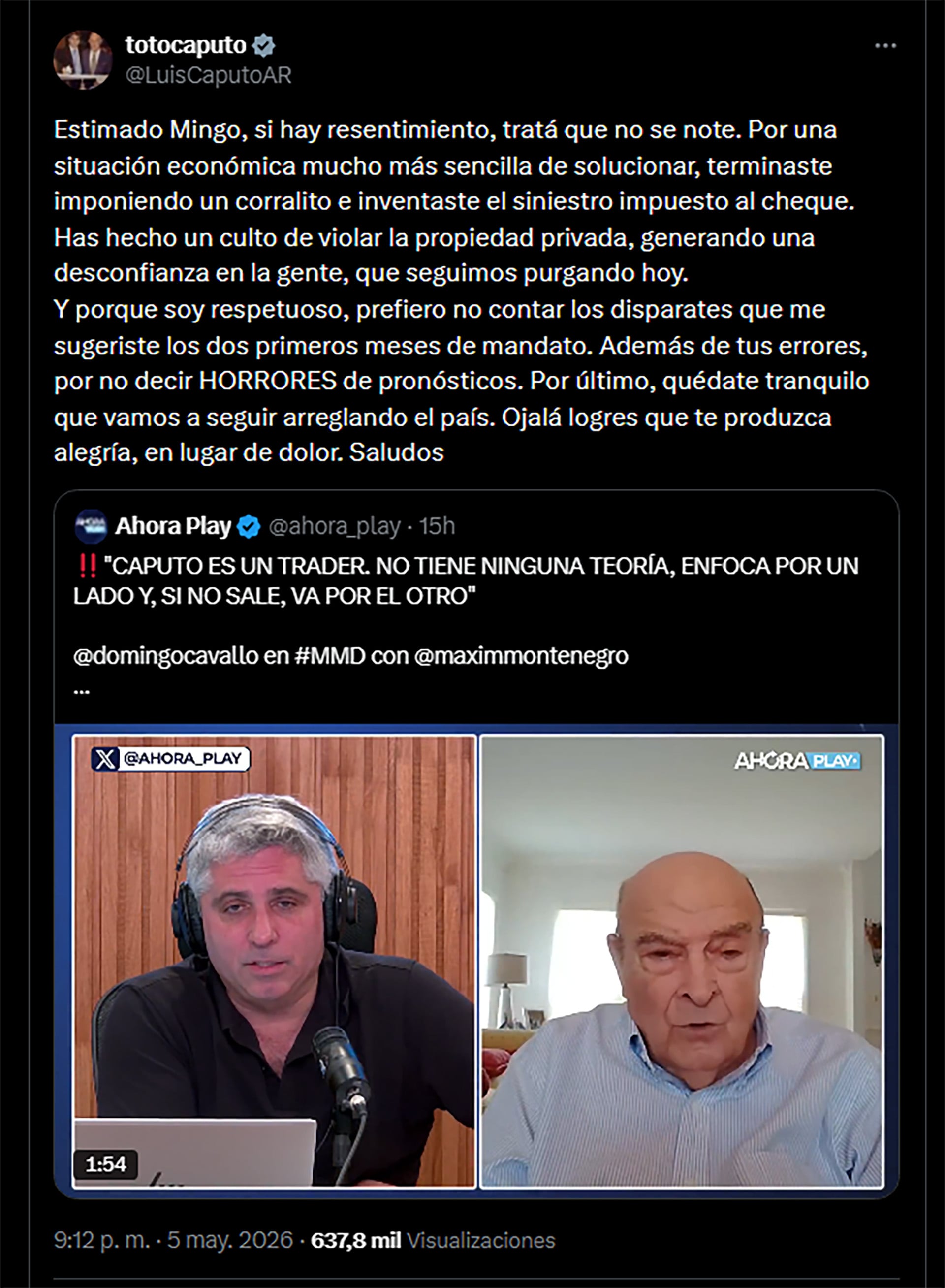 El ministro de Economía, Luis Caputo, respondió por redes las críticas de Domingo Cavallo a la gestión económica