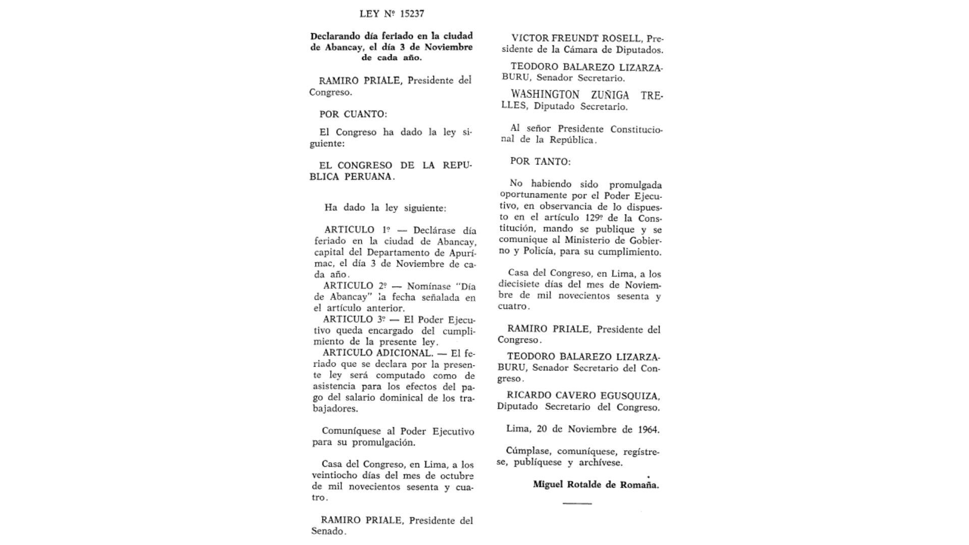 Esta es la Ley que declara el feriado original en Abancay. Fue promulgada  hace 61 años. - Crédito Crédito Archivo