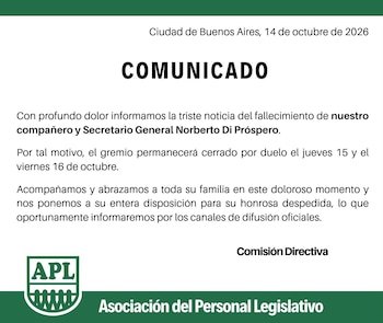Un comunicado oficial de la Asociación del Personal Legislativo con el escudo del gremio y texto explicativo sobre fondo blanco