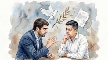 Ilustración en acuarela de Hernán Cadavid y Ariel Ávila en una mesa con una paloma blanca, una rama de olivo y un documento.