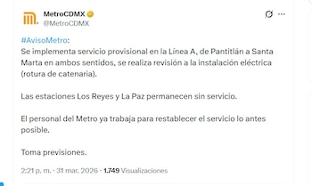 Captura de pantalla de un tweet oficial de MetroCDMX, informando sobre la suspensión de servicio en la Línea A, estaciones Los Reyes y La Paz, por falla eléctrica