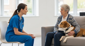Mujer joven en uniforme médico con estetoscopio conversa con mujer mayor sentada en sofá. Un perro marrón y blanco descansa en el regazo de la mujer.