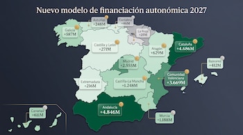 Mapa de España en tonos verdes que detalla en etiquetas las cifras de incremento monetario por comunidad autónoma.