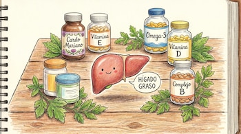 Dibujo de un hígado sonriente y "HÍGADO GRASO", rodeado de botellas de suplementos como cardo mariano, vitaminas y omega-3, en una mesa de madera.