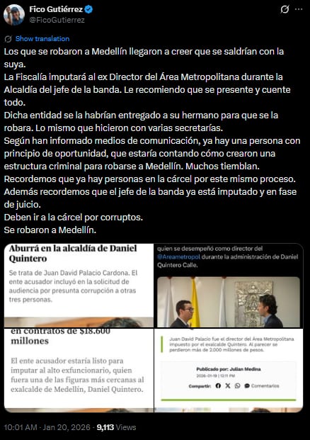 Entre las expresiones cuestionadas por el exalcalde se encuentran “el jefe de la banda” y “estructura criminal para saquear la ciudad”, utilizadas por Gutiérrez en una publicación del 28 de febrero de 2026 en la red social X - crédito @FicoGutierrez