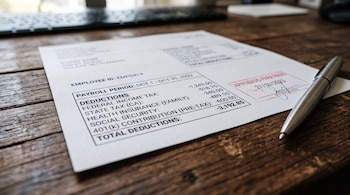 Documento impreso de pago con desglose de deducciones sobre un escritorio de madera junto a un bolígrafo metálico y un sello rojo.