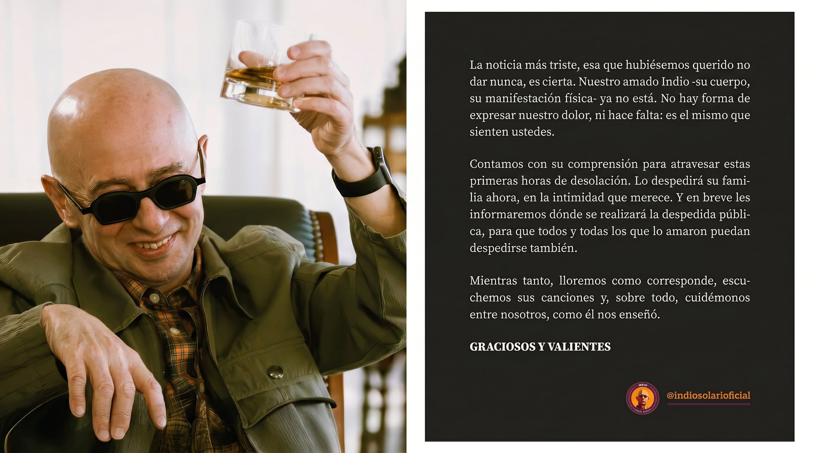 La cuenta oficial de Indio Solari anunció la triste noticia de su partida con la imagen del cantante brindando, ya icónica