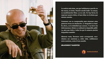 Hombre calvo con gafas de sol sonriendo y levantando un vaso de whisky, junto a un texto de fondo oscuro anunciando el deceso de Indio Solari.