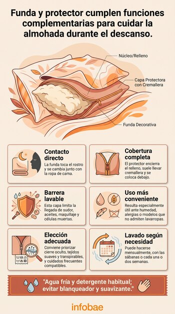 Ilustración de una almohada en capas con relleno, protector y funda, junto a seis recuadros con textos explicativos, iconos y recomendaciones.