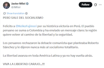 Presidente de Argentina, Javier Milei, celebró la victoria de Keiko Fujimori en Perú. (Foto:X/@JMilei)