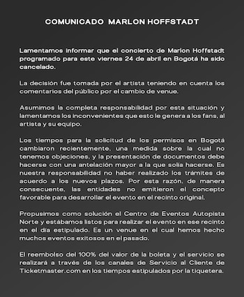 La productora asumió la responsabilidad por no gestionar a tiempo los permisos requeridos para el recinto original en Bogotá - crédito Páramo Presenta