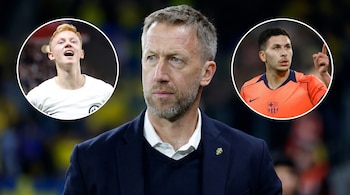 Montaje fotográfico de Graham Potter al centro. A su izquierda, un círculo con un joven rubio gritando; a su derecha, un círculo con un jugador moreno apuntando.