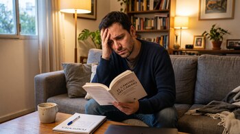 Un hombre sentado en un sofá lee un libro junto a una taza y una libreta titulada Pendientes sobre una mesa de centro.
