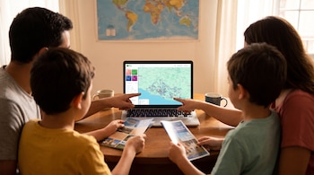 Cuatro personas sentadas frente a un portátil con un mapa en pantalla, dos de ellas señalan el monitor, dos sostienen folletos en una mesa de madera.
