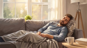 Ilustración de un hombre barbudo durmiendo en un sofá gris, cubierto con una manta clara, junto a una ventana soleada y una mesa auxiliar con taza y libros.