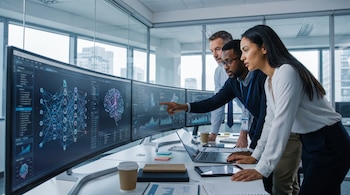 Tres personas observan varios monitores curvos con gráficos, un cerebro digital y un esquema de red neuronal.