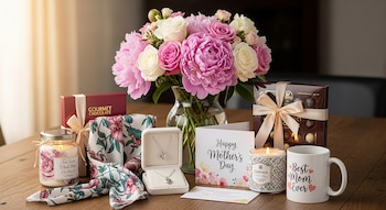 Arreglo de regalos para el Día de la Madre sobre una mesa de madera, incluyendo un ramo de flores, cajas de chocolates, joyas, velas y una taza.