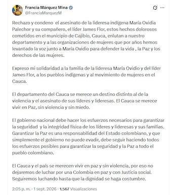 La muerte violenta de una lideresa indígena y su esposo generó una reacción de Francia Márquez, que pidió al Gobierno nacional adoptar medidas para proteger a quienes defienden los derechos humanos y trabajan por sus comunidades - crédito @FranciaMarquezM/X