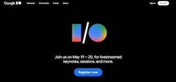 Captura de pantalla de la página web de Google I/O con el logo multicolor y texto que anuncia el evento del 19 al 20 de mayo, y un botón de registro