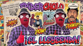 Collage de historieta con un personaje en máscara de Spider-Man, sombrero, camisa morada a cuadros, viñetas, onomatopeyas y letras estilo grafiti.