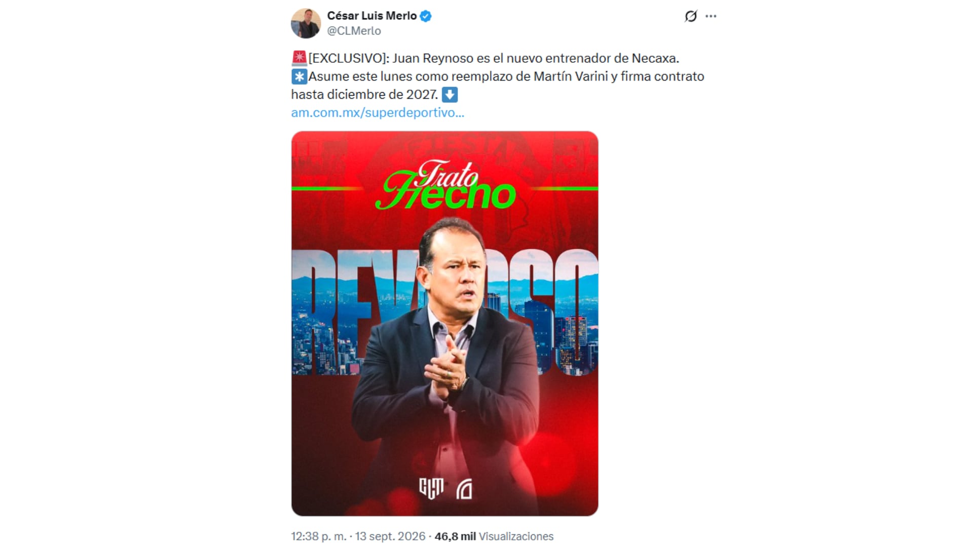 Juan Reynoso asumirá un nuevo reto en el fútbol mexicano. Crédito: X