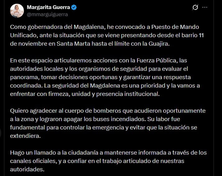 La Gobernación del Magdalena instaló un Puesto de Mando Unificado para coordinar la respuesta ante los combates, los incendios y las restricciones viales - crédito @mmarguiguerra / X