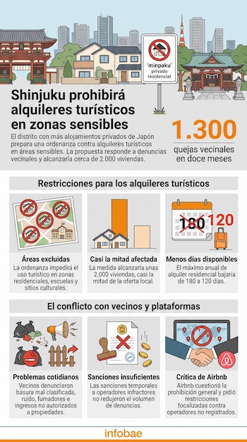 Infografía con ilustraciones de casas, carteles de prohibición, íconos temáticos de viviendas y el logotipo de Infobae.