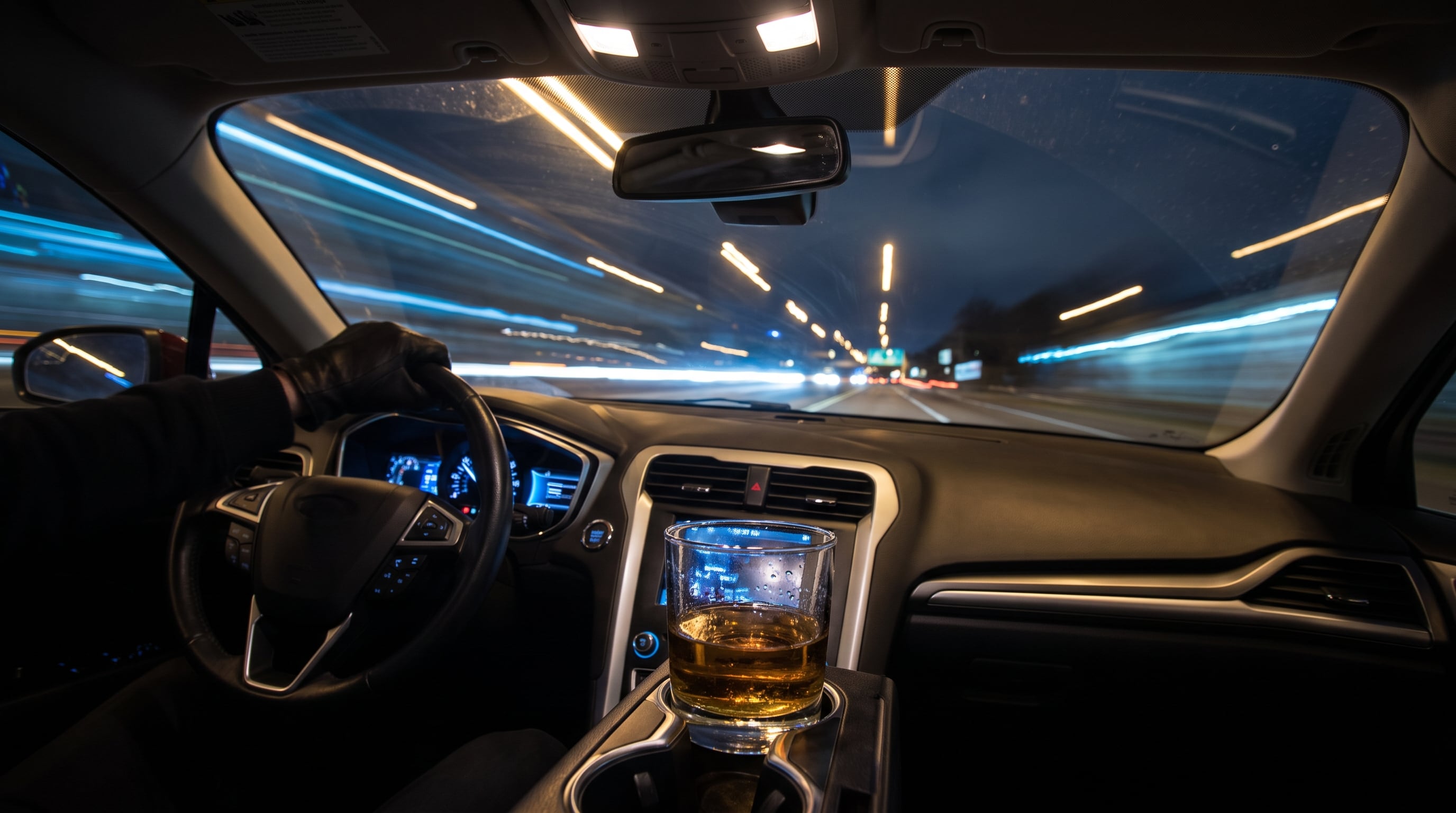 Una persona conduce un automóvil por una carretera nocturna mientras un vaso con licor permanece en el portavasos de la consola central. (Imagen Ilustrativa Infobae)