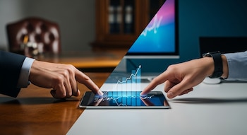 Primer plano de dos manos, una sobre un escritorio de madera y otra sobre uno blanco, interactuando con una tablet que muestra datos económicos.