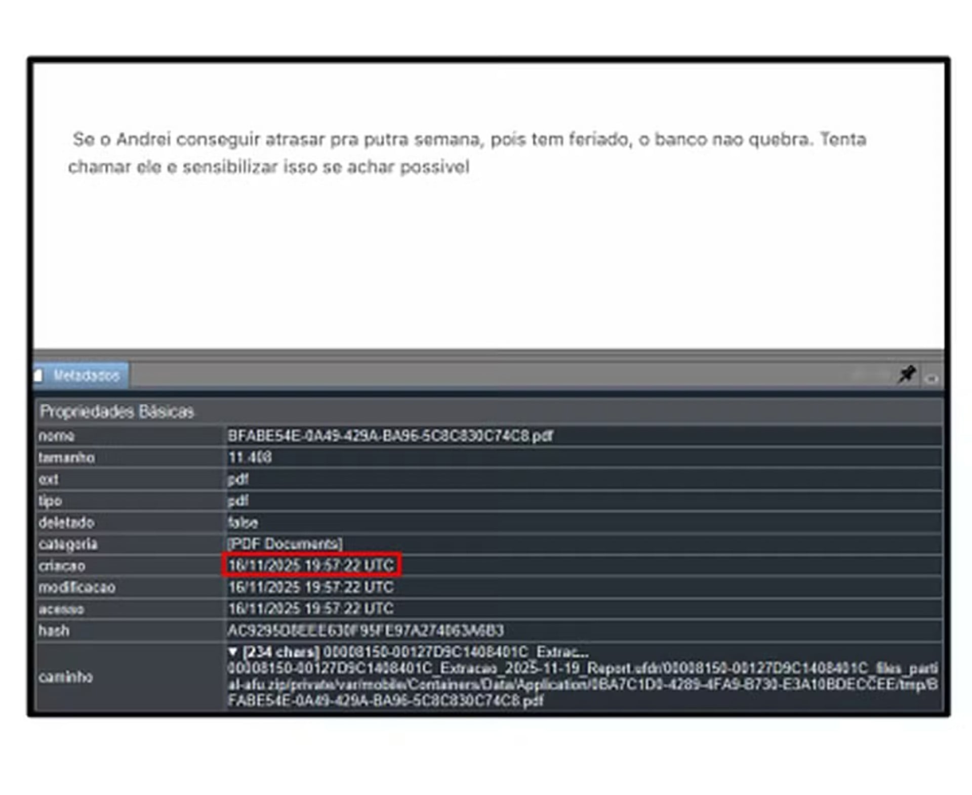 “Si Andrei logra atrasarlo para la otra semana, porque hay feriado, el banco no quiebra. Intentá llamarlo y sensibilizarlo sobre esto si te parece posible”, le escribió Vorcaro a De Moraes
