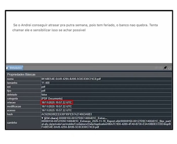 Una captura de pantalla con un mensaje de texto en portugués y un panel de metadatos de un archivo PDF con una fecha enmarcada en rojo