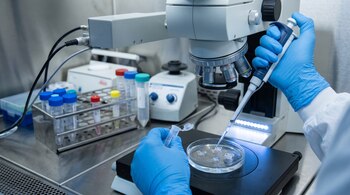 Manos con guantes azules sostienen una micropipeta y un tubo sobre una placa de Petri junto a un microscopio y gradillas con tubos.