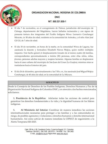 Petición comunidad indígena Wiwa -