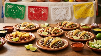 Mesa de madera rústica con variedad de tacos en platos de barro. Se ven limones, salsas y guarniciones. Al fondo, banderines de papel picado de colores.