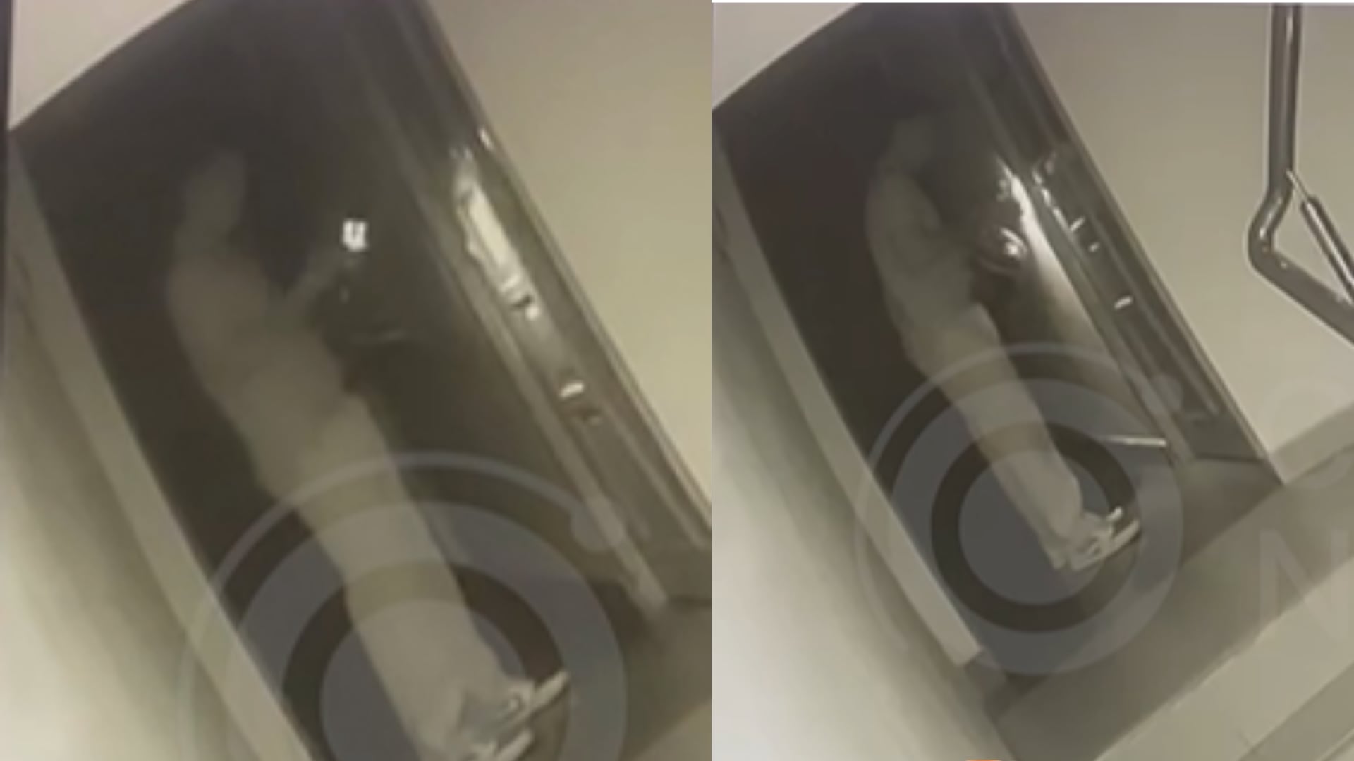 El suboficial de la policía Diego Vela intenta abrir la puerta de su vivienda en Trujillo antes de sufrir una caída desde la parte alta del edificio. (Composición: Infobae Perú / Cosmos Noticias)