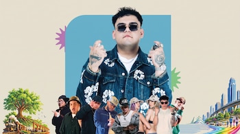 Collage de varios cantantes con un hombre al centro con gafas oscuras, junto a un árbol, un tren y rascacielos.