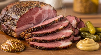 Primer plano de un pastrón casero recién cortado con vapor, mostrando su corteza especiada y carne rosada, sobre una tabla de madera junto a mostaza y pepinillos.