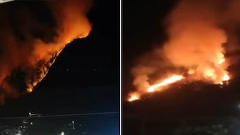 Fotografía dividida en dos vistas que muestra un gran incendio forestal en una ladera durante la noche, con llamas intensas y humo denso