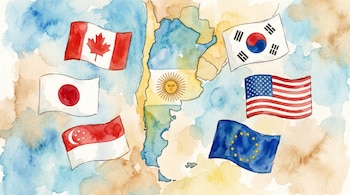 Mapa de Argentina en acuarela con su bandera, rodeado por las banderas de Canadá, Japón, Singapur, Corea del Sur, Estados Unidos y la Unión Europea, con fondo suelto.