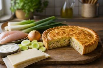 Tarta de pollo y puerro cortada junto a pechugas crudas, puerros enteros y rebanados, una cebolla, crema y masa sobre una tabla de madera.