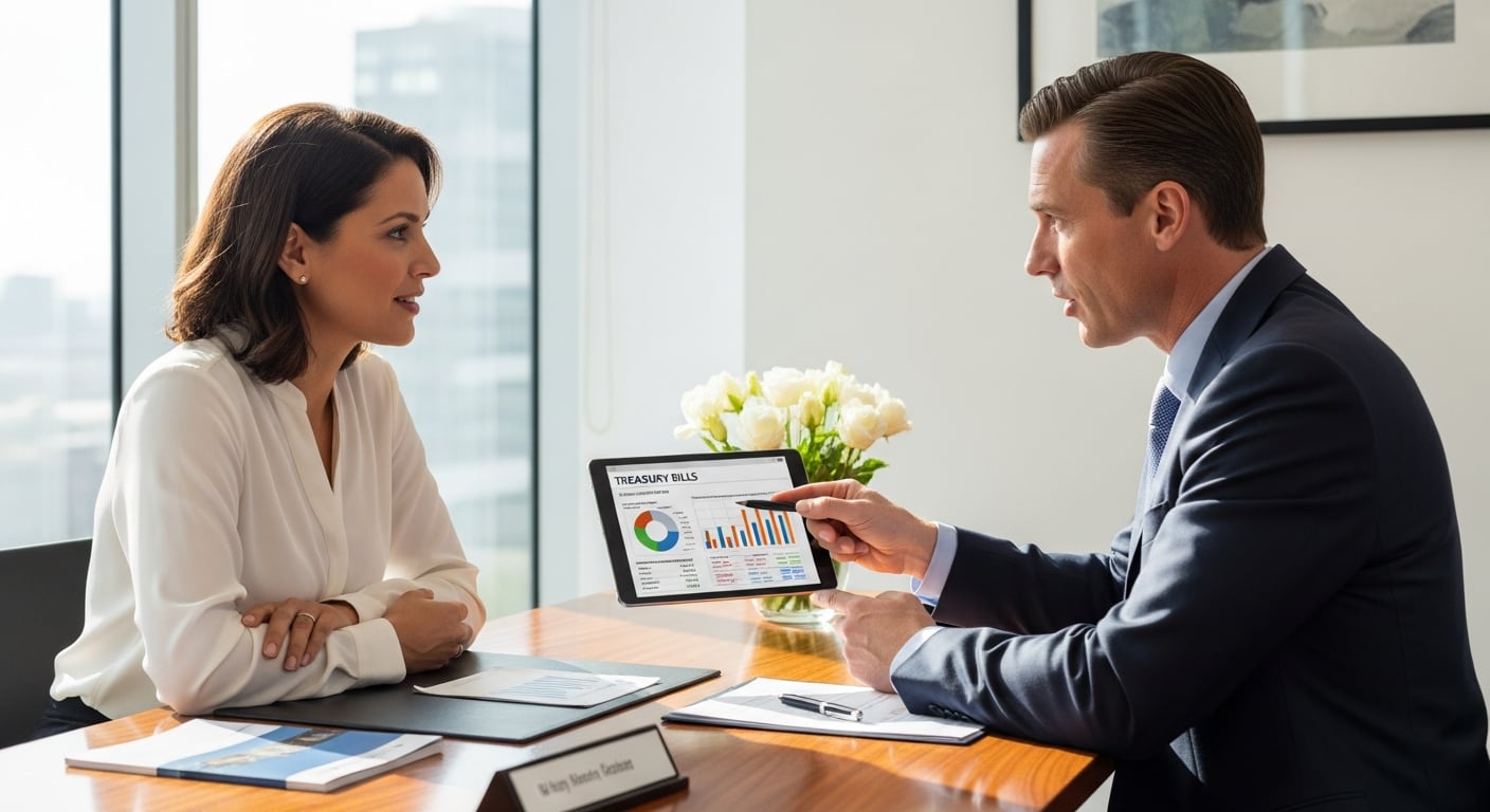 Un asesor financiero explica a una clienta los detalles de una inversión en letras del Tesoro mediante una tableta en su oficina. (Imagen Ilustrativa Infobae)