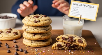 Uma vila infantil ao lado de uma coleção de biscoitos de chocolate no quadro. Encontrado um copo de leite, um biscoito cortado e um cartão de receitas.
